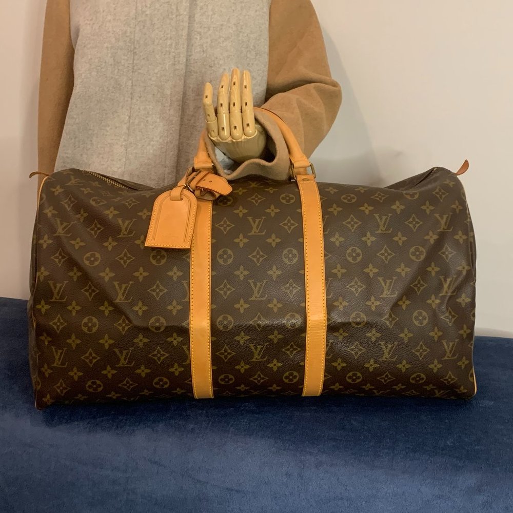 Louis Vuitton Brown Monogram Keepall 55 Duffel Travel Bag & Luggage Tag Poignet